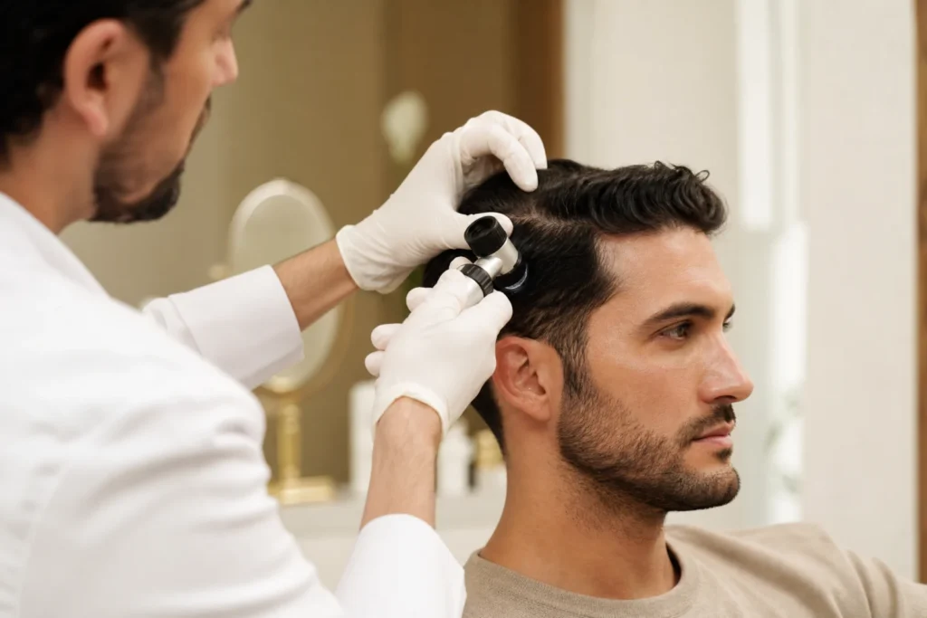 Examen du cuir chevelu au dermatoscope — bilan capillaire PRP cheveux Marrakech